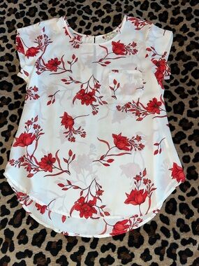 White Floral Short-Sleeve Blouse with Red Prints